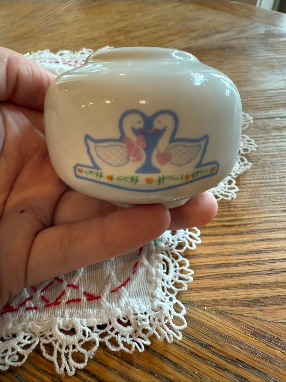 White Ceramic inkwell with Blue and Pink Motif